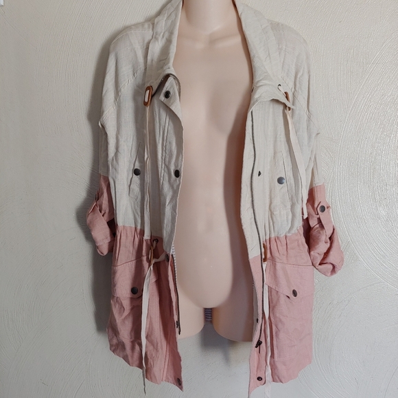 Blu Pepper Color Block Linen Light Pink Tan Utility Jacket Size Women Medium NEW - Picture 6 of 13